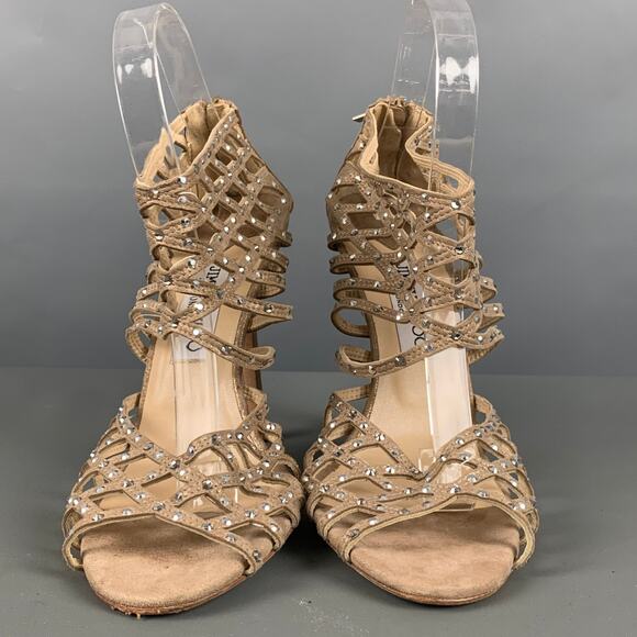 JIMMY CHOO Size 10 Beige Gold Suede Rhinestones Ankle Sandals - Picture 4 of 9